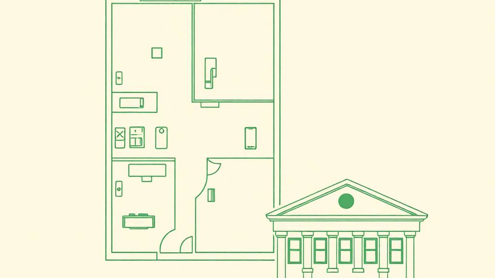 Planimetria di appartamento accanto all'illustrazione di un municipio — verifica di conformità urbanistica