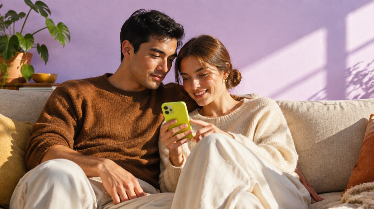 Coppia seduta sul divano che guarda lo smartphone con la cover verde lime, davanti a una parete lilla illuminata dal sole, mentre si informa prima di pagare un consulente per il mutuo