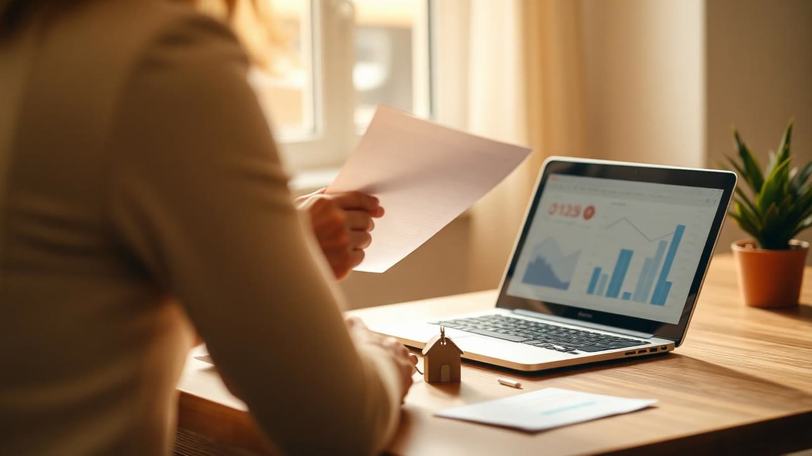 Consulente indipendente al lavoro con laptop, grafici e documenti su scrivania in legno: il tipico setup di una consulenza mutui a parcella