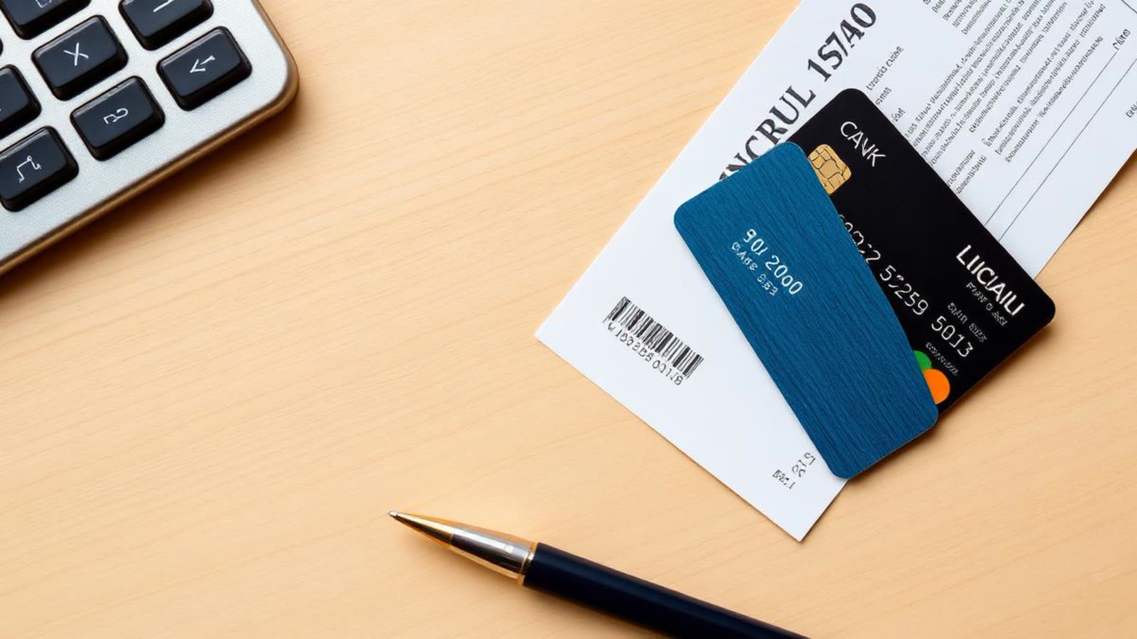 Due carte bancarie appoggiate su un estratto conto cartaceo con penna su scrivania in legno