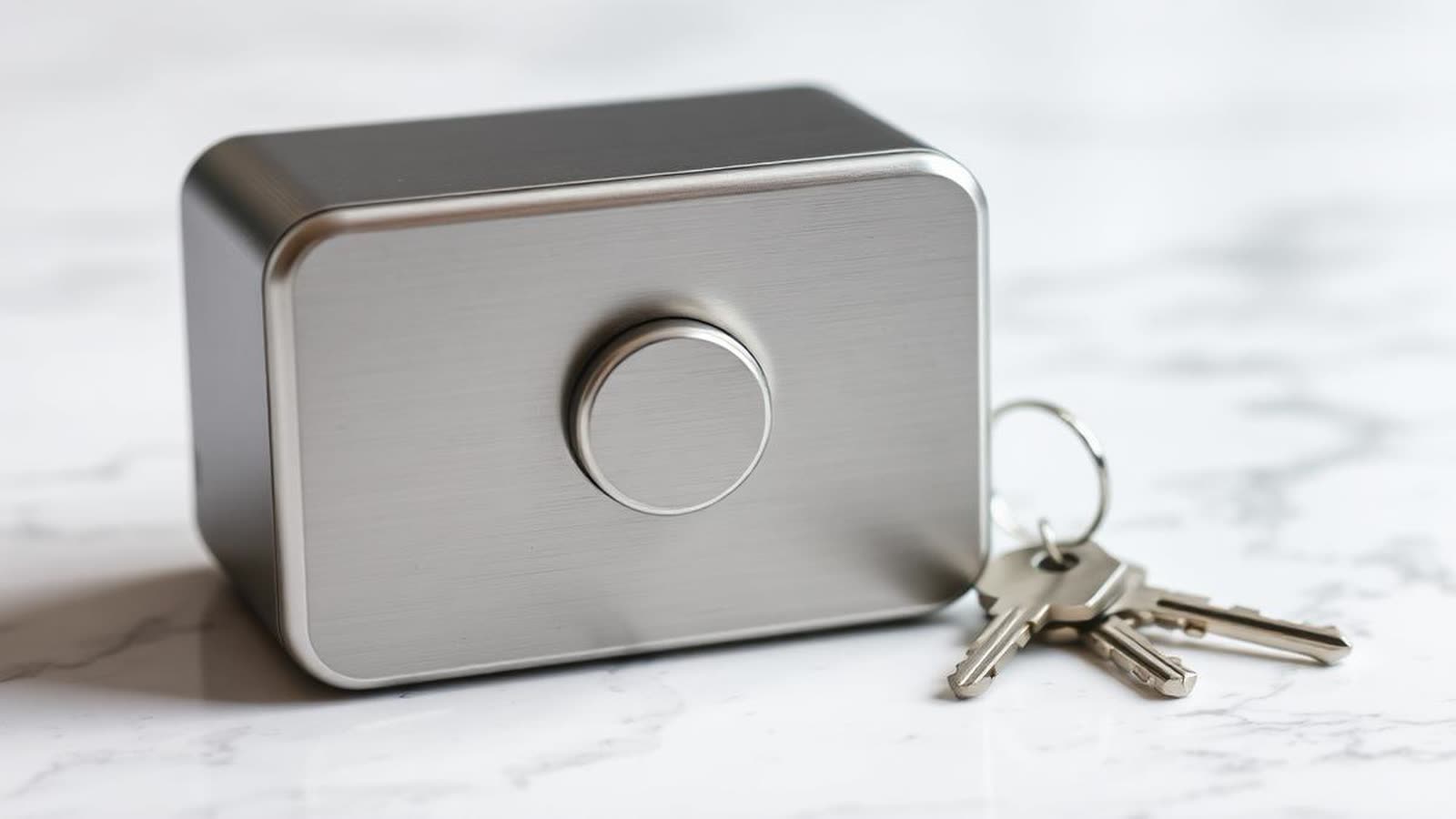 Piccola cassetta di sicurezza in acciaio accanto a un mazzo di chiavi su un piano in marmo bianco