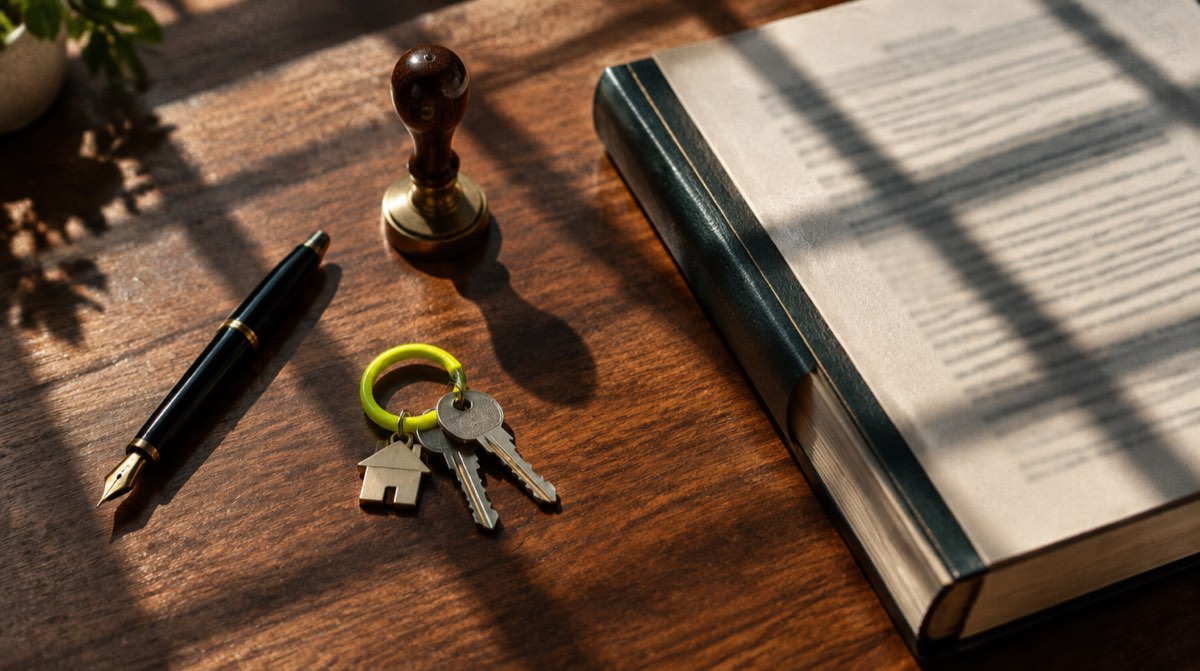 Scrivania di studio notarile con documenti di compravendita immobiliare e penna, luce calda pomeridiana