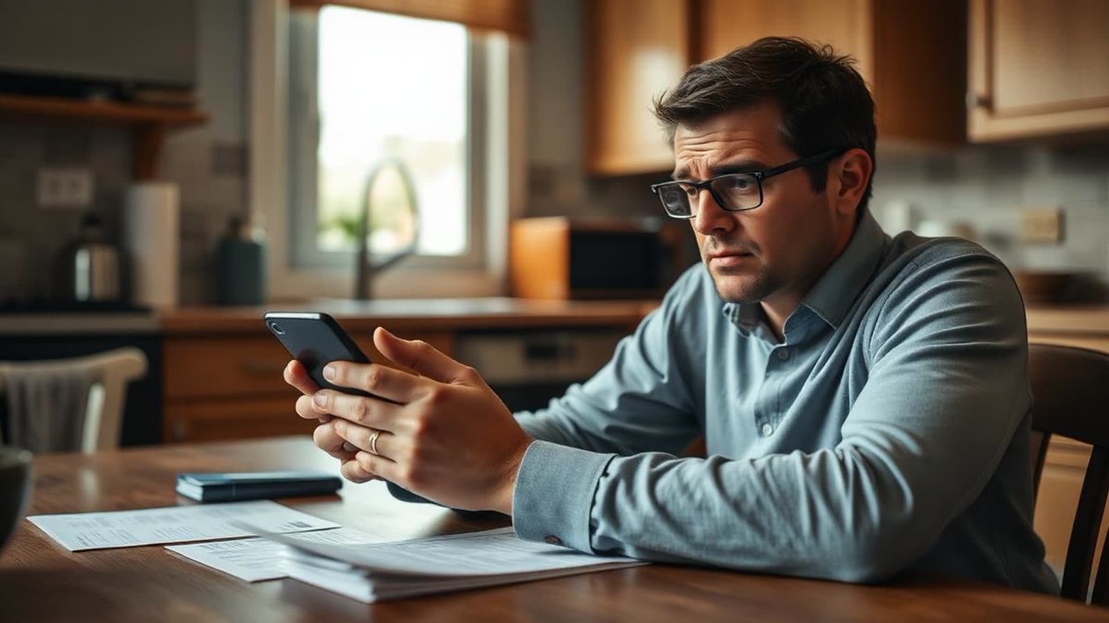 Persona seduta al tavolo di casa che controlla preoccupata il saldo del conto sullo smartphone con gli estratti conto davanti