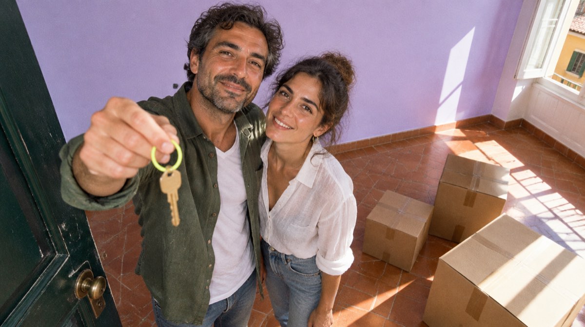 Barattolo di vetro con monete accanto a un modellino di casa in legno su tessuto beige