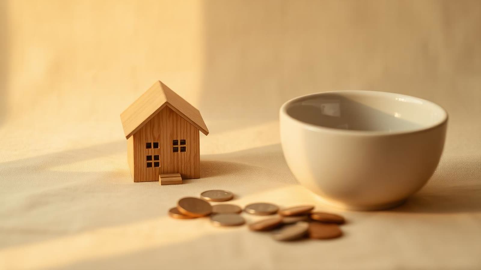 Modellino di casa in legno accanto ad alcune monete e una ciotola di ceramica su tessuto beige