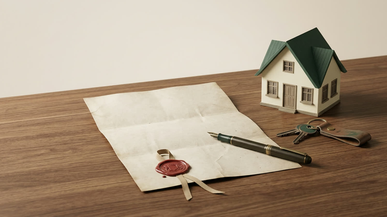 Scrivania in legno con chiavi di casa, atto notarile con sigillo in ceralacca, penna stilografica e piccolo modello di casa: simboli del rogito per l'acquisto della prima casa