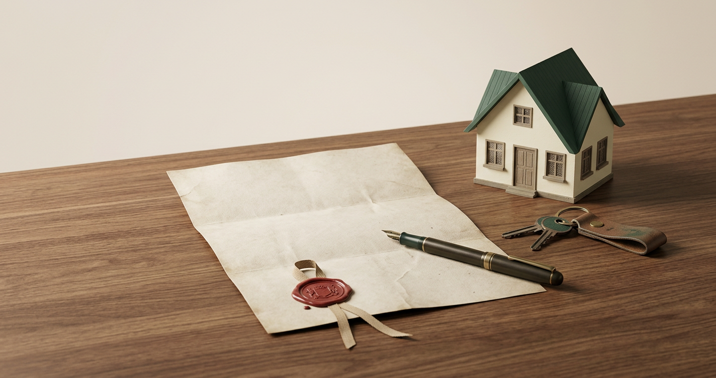Scrivania in legno con chiavi di casa, atto notarile con sigillo in ceralacca, penna stilografica e piccolo modello di casa: simboli del rogito per l'acquisto della prima casa