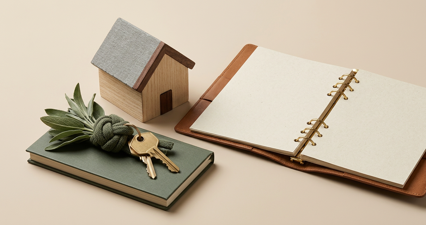 Calendario, chiavi e casa in miniatura su sfondo beige — cronoprogramma compravendita con mutuo