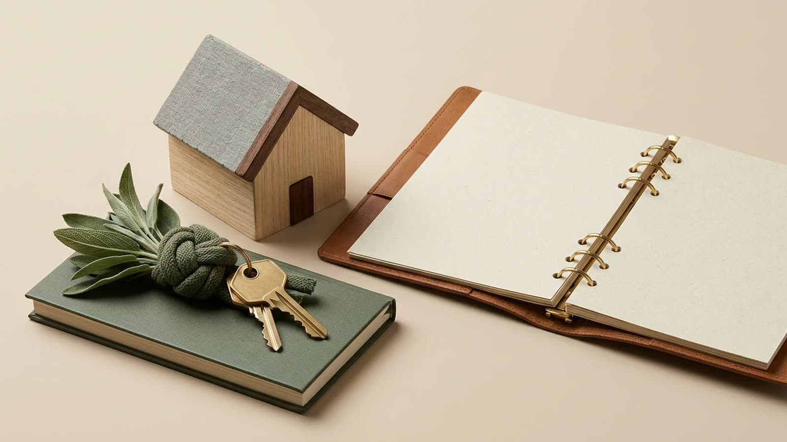 Calendario, chiavi e casa in miniatura su sfondo beige — cronoprogramma compravendita con mutuo