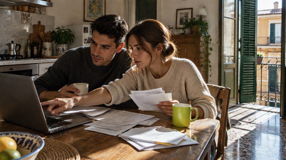 Scrivania italiana con Modello 730/2026, calcolatrice che mostra 19%, estratto conto bancario con dettaglio interessi passivi mutuo e quota capitale, penna stilografica e chiave di casa