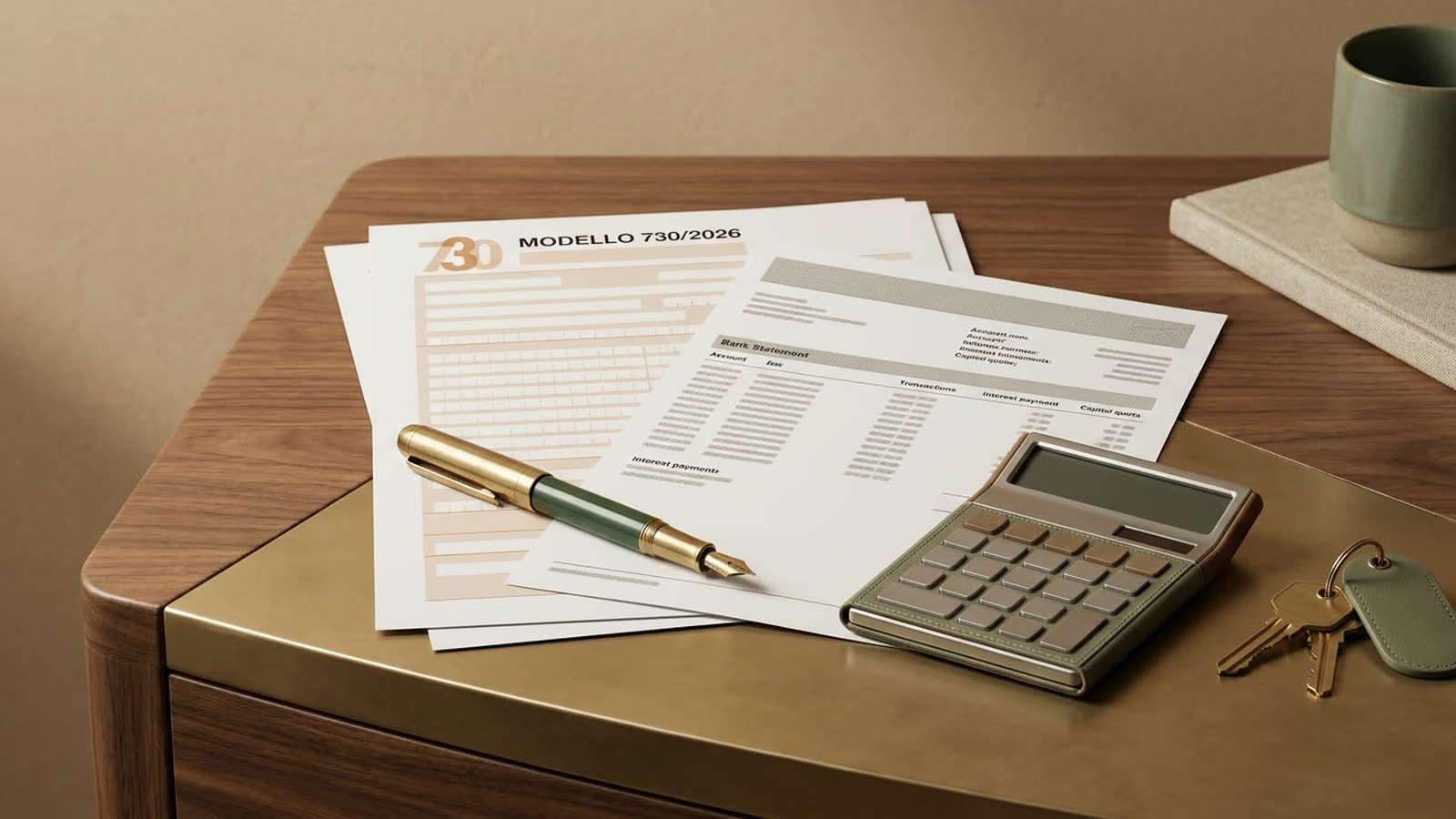 Scrivania italiana con Modello 730/2026, calcolatrice che mostra 19%, estratto conto bancario con dettaglio interessi passivi mutuo e quota capitale, penna stilografica e chiave di casa
