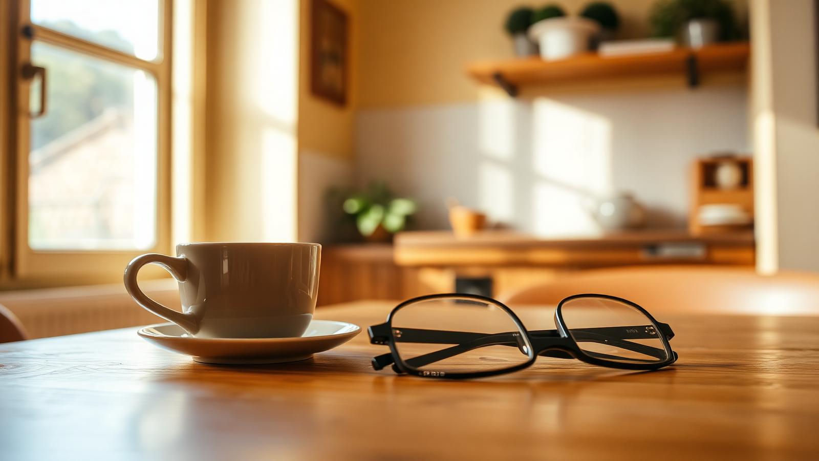 Due tazze da caffè e un paio di occhiali da lettura su un tavolo di legno illuminato dal sole — detrazione degli interessi su mutuo cointestato