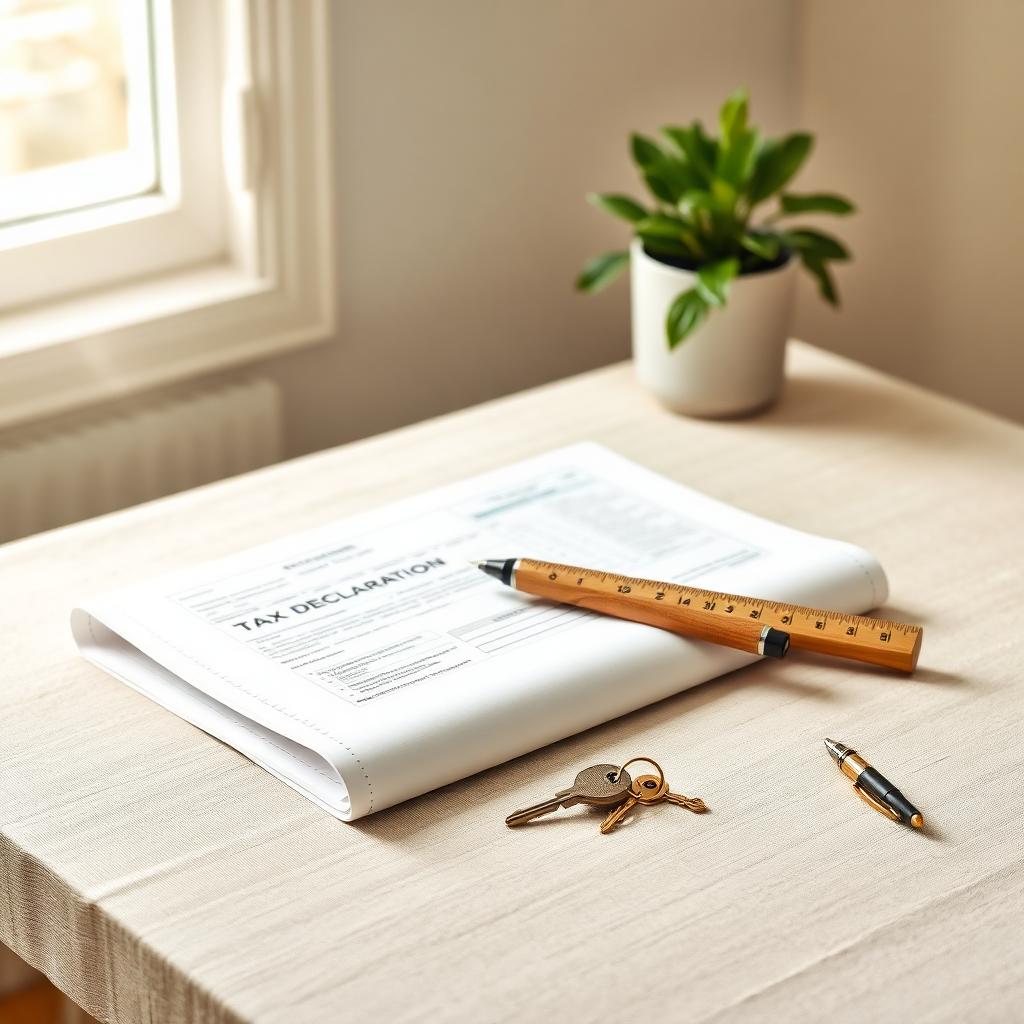 Scrivania italiana con modulo dichiarazione, planimetria arrotolata, righello e chiavi di casa — detrazione mutuo costruzione prima casa 730/2026