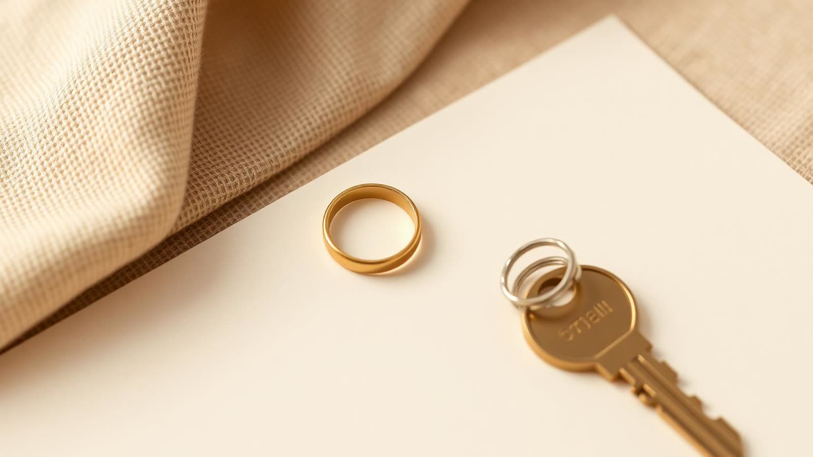Fede nuziale e documento legale sigillato su una scrivania, luce calda — obblighi verso la banca in caso di matrimonio o divorzio durante il mutuo