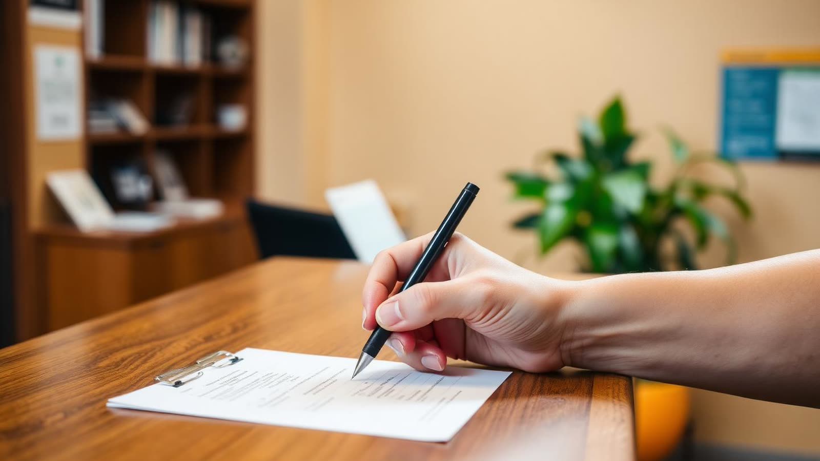 Mano che firma un modulo sul bancone in legno di una filiale di banca locale — adesione a socio BCC e richiesta di mutuo
