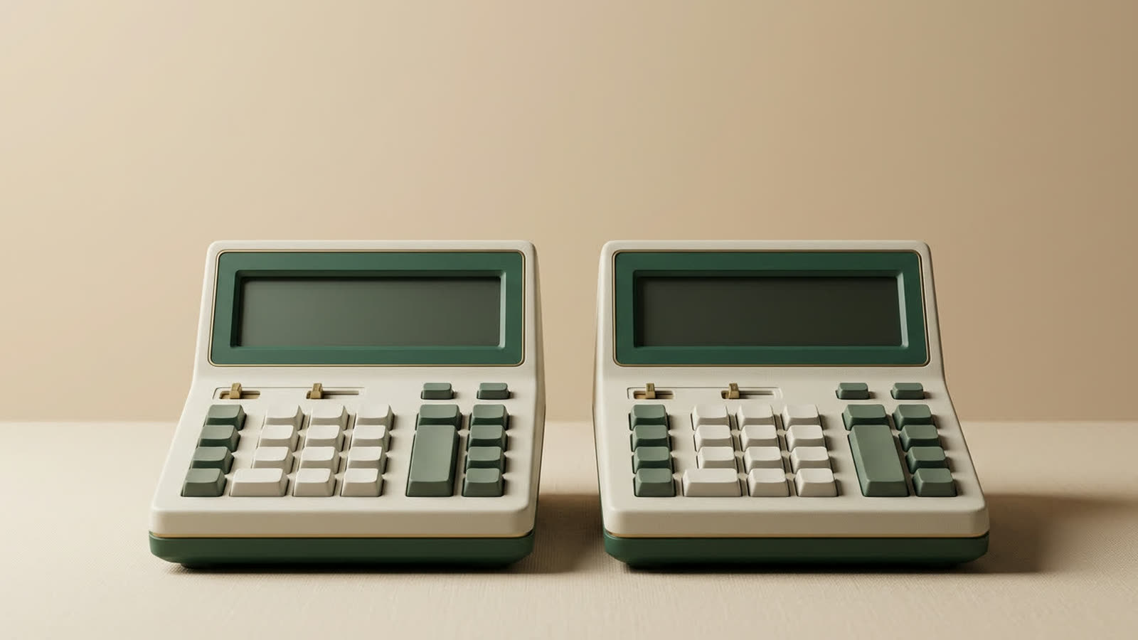 Due calcolatrici affiancate — una mostra un numero più basso (TAN), l'altra un numero più alto (TAEG) — su un piano di ammortamento di un mutuo italiano con monete da 2 euro e penna stilografica