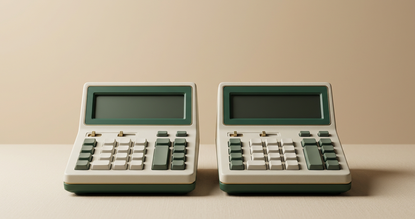 Due calcolatrici affiancate — una mostra un numero più basso (TAN), l'altra un numero più alto (TAEG) — su un piano di ammortamento di un mutuo italiano con monete da 2 euro e penna stilografica