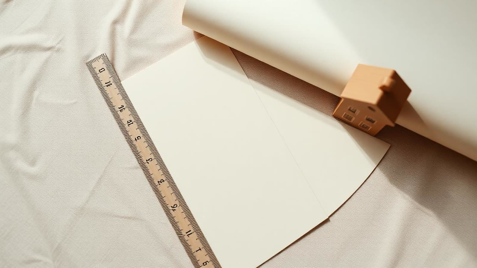 Righello in legno e foglio di carta chiaro arrotolato accanto a un piccolo modellino di casa