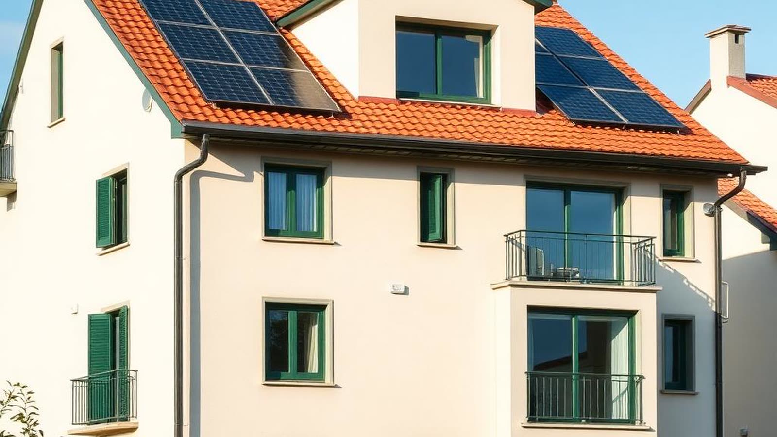 Palazzina residenziale italiana con pannelli solari e finestre efficienti — Direttiva Case Green 2026