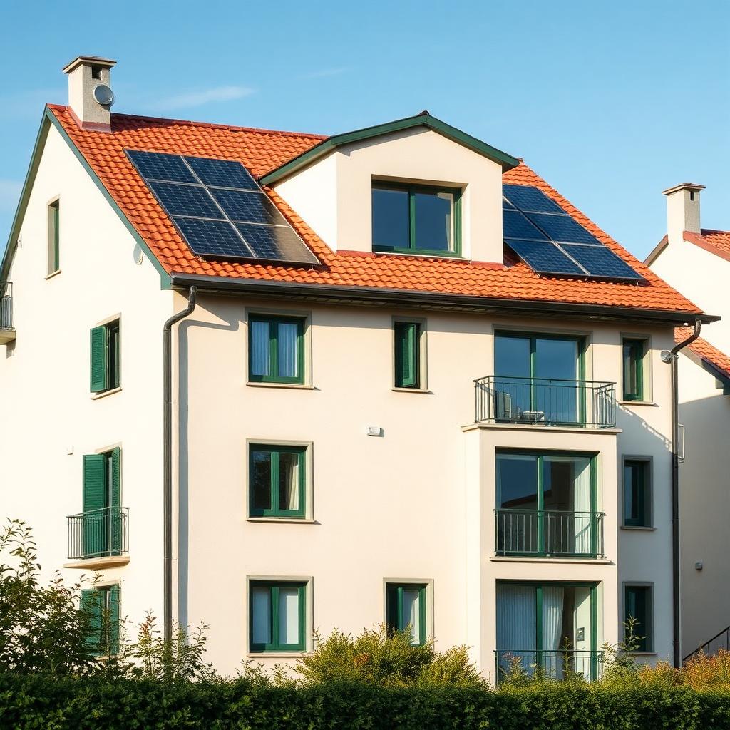 Palazzina residenziale italiana con pannelli solari e finestre efficienti — Direttiva Case Green 2026