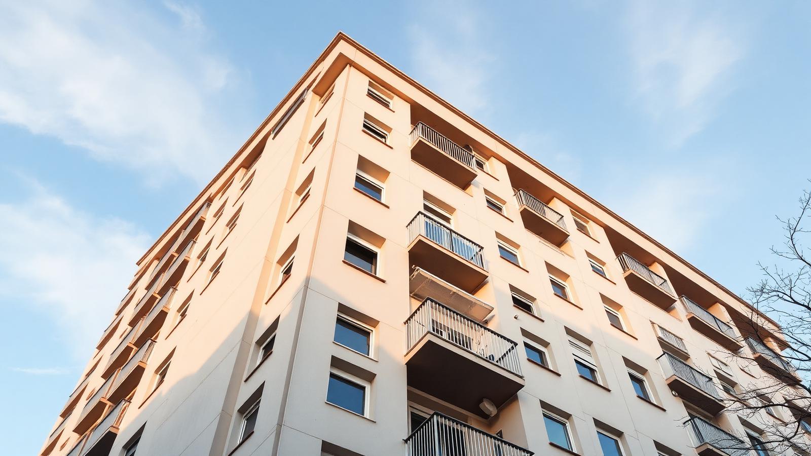 Palazzina residenziale di edilizia economica vista dal basso, immagine che richiama le case in diritto di superficie