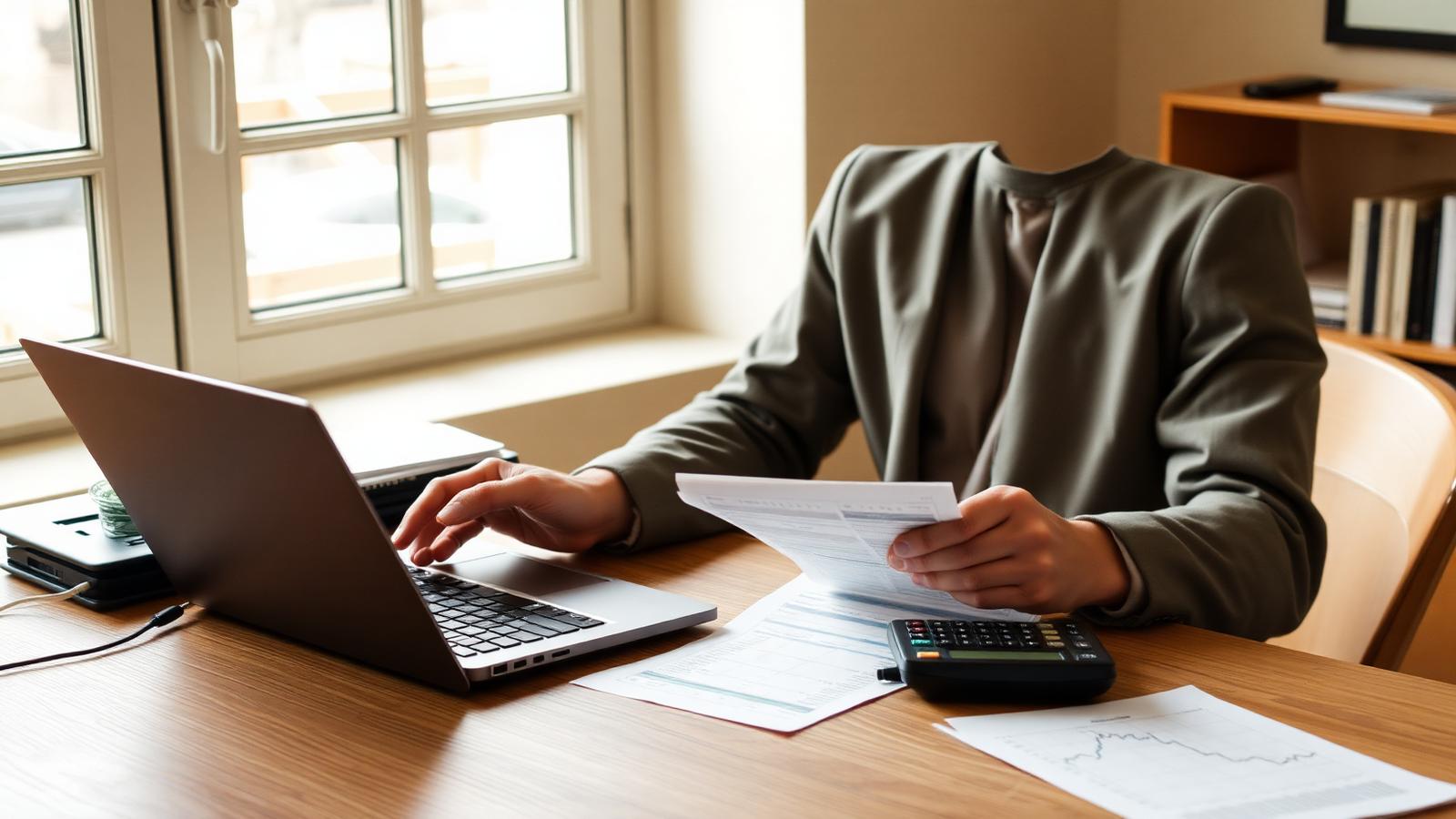 Professionista con partita IVA al lavoro su bilanci, laptop e calcolatrice su scrivania in legno