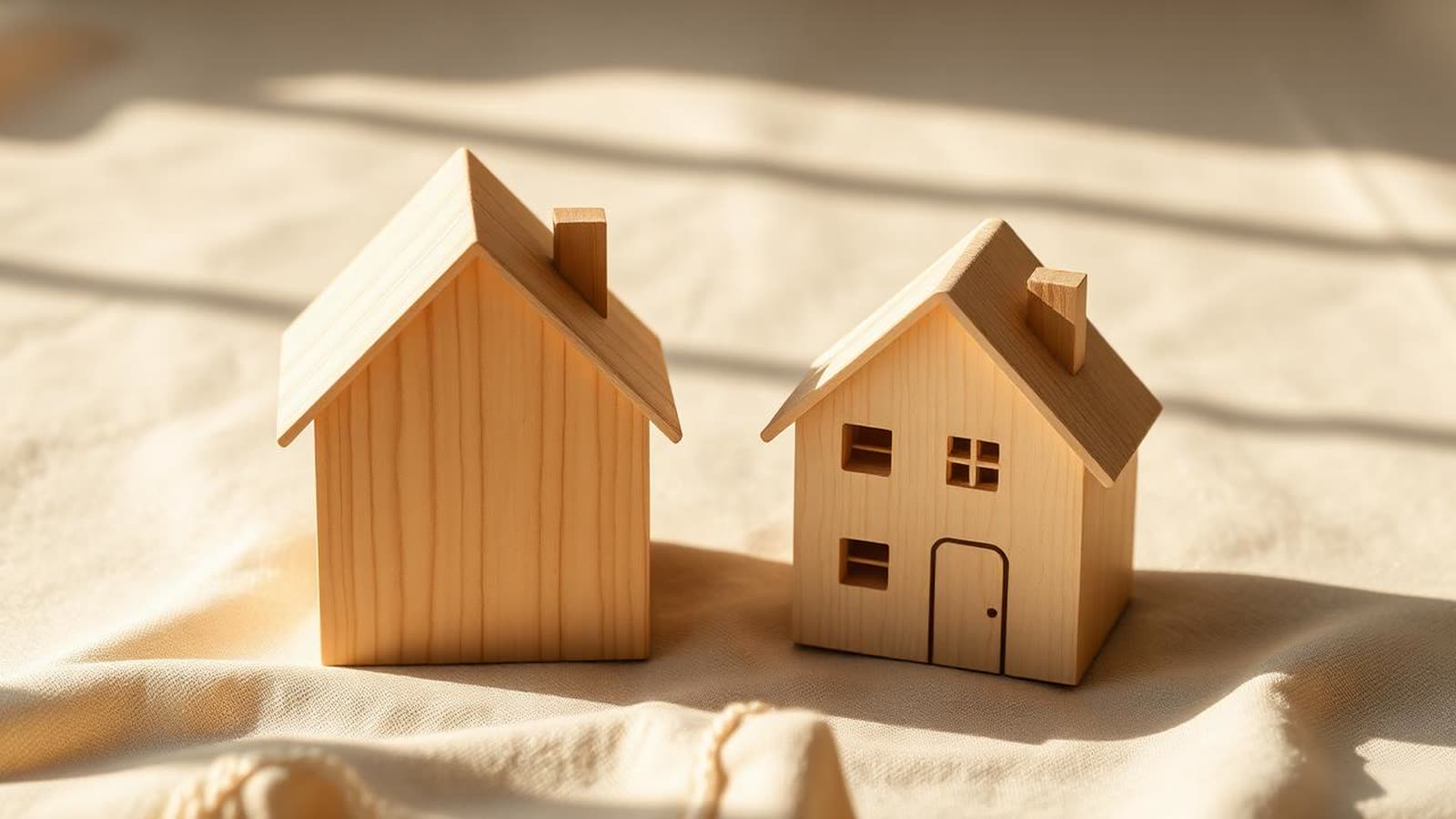 Due modellini di case in legno di dimensioni diverse affiancati su un telo beige