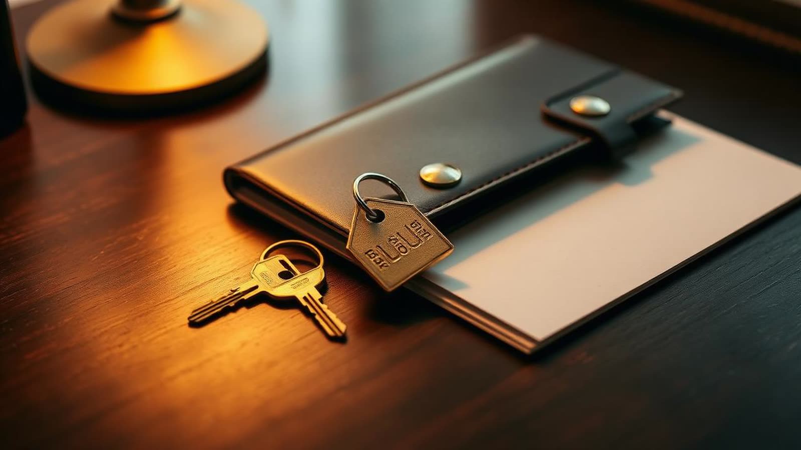 Chiavi di casa con portachiavi accanto a una cartella in pelle su scrivania in legno scuro