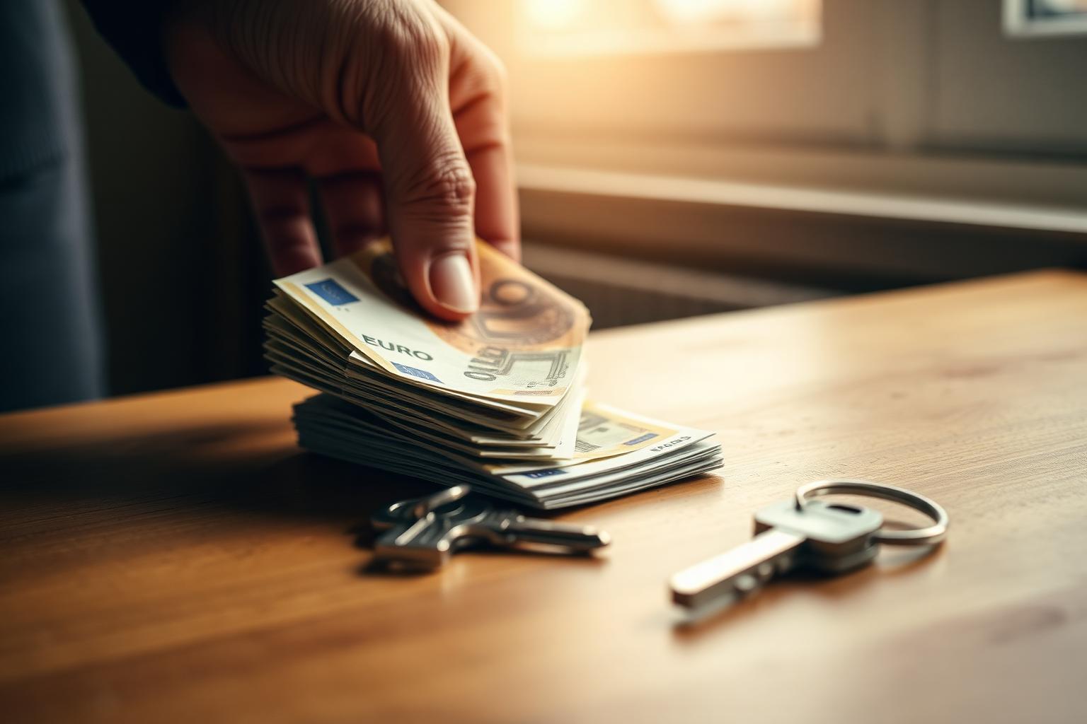 Calcolatrice, estratto conto e due pile di banconote di dimensioni diverse su una scrivania, a rappresentare il confronto tra estinzione parziale e totale del mutuo
