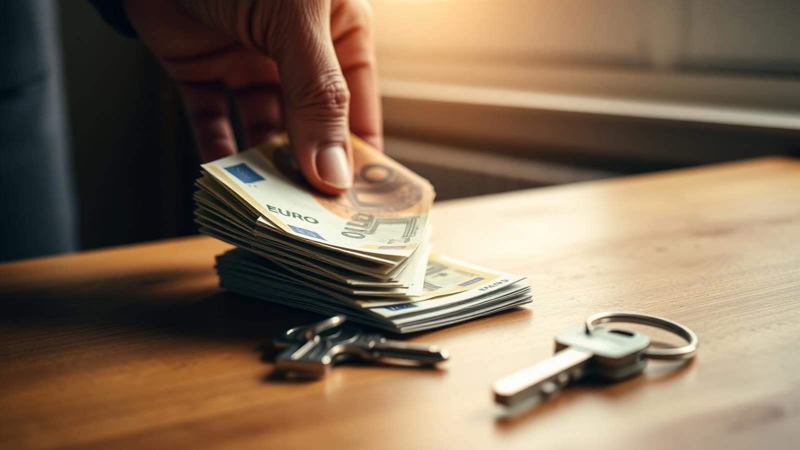 Calcolatrice, estratto conto e due pile di banconote di dimensioni diverse su una scrivania, a rappresentare il confronto tra estinzione parziale e totale del mutuo