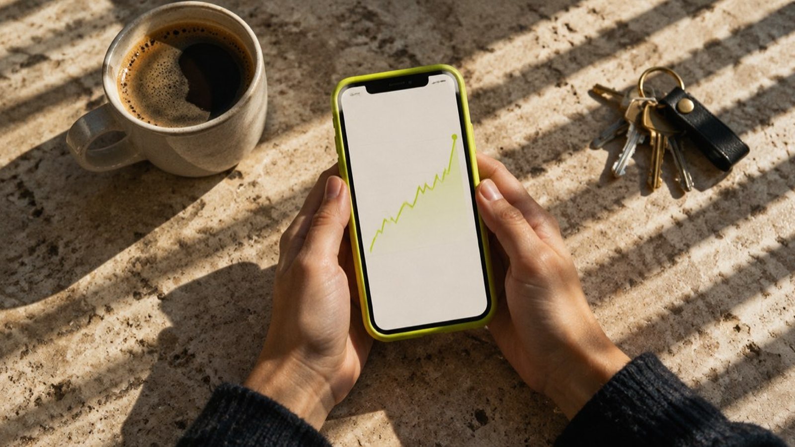 Mani che tengono lo smartphone con l'app della banca su un tavolo di travertino, accanto al caffè e alle chiavi di casa: la lista movimenti da confrontare con l'estratto conto