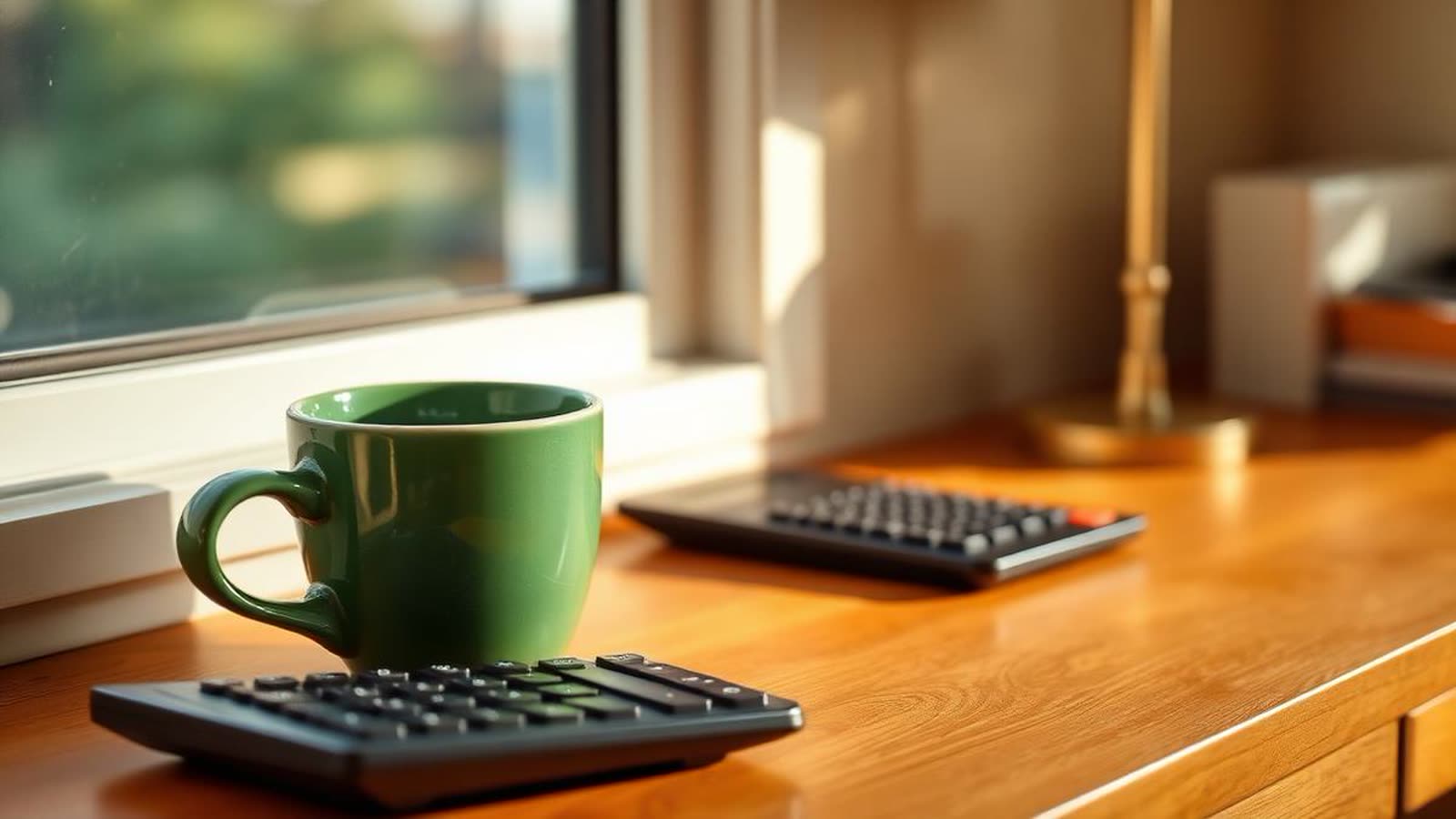 Tazza e calcolatrice su una scrivania in legno accanto a una finestra — perché la rata del mutuo variabile non scende con l'Euribor