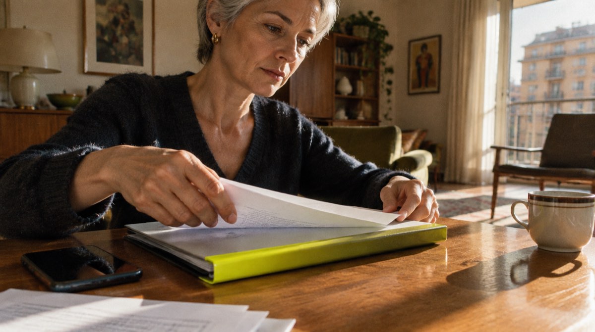 Donna al tavolo di casa che sfoglia i fogli di una cartellina verde, con il telefono accanto, mentre fa i conti per il mutuo