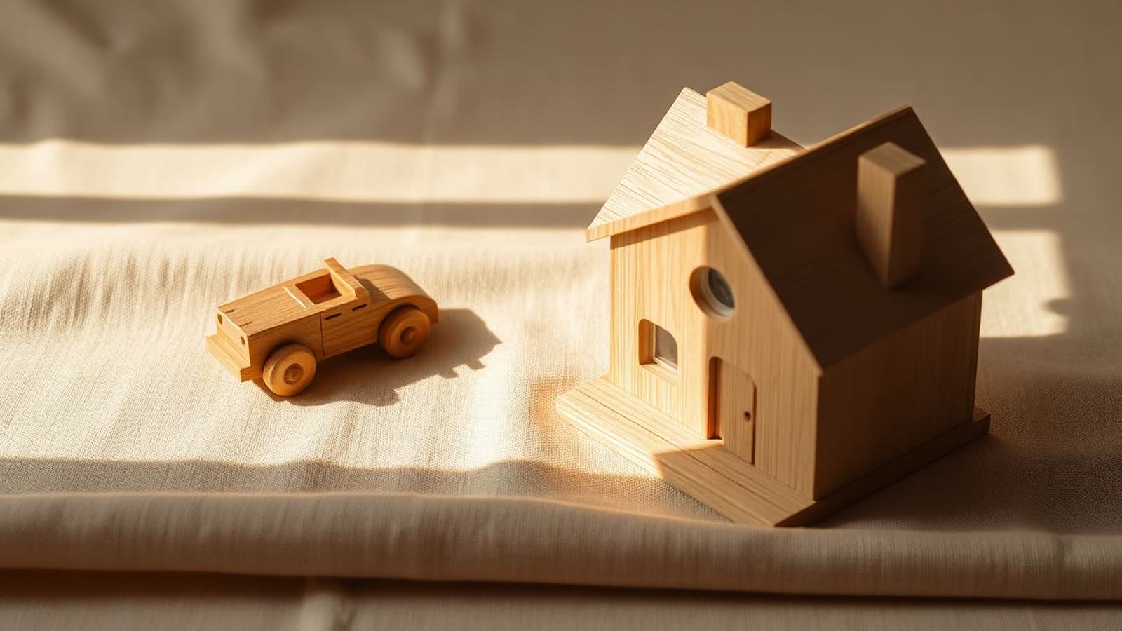 Automobilina di legno e modellino di casa in legno affiancati su un telo di lino beige