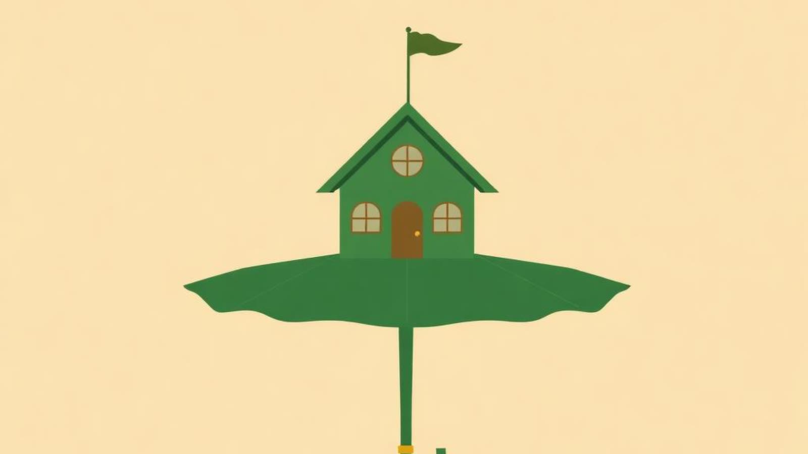 Illustrazione editoriale di una piccola casa verde protetta da un ombrello, simbolo della garanzia statale del Fondo Consap sul mutuo prima casa