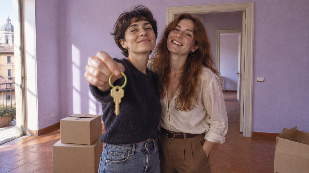 Due giovani donne mostrano sorridenti le chiavi della prima casa, tra gli scatoloni di un appartamento con le pareti lilla