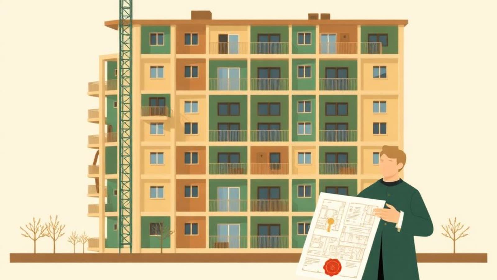 Illustrazione editoriale di un edificio condominiale in costruzione diviso in porzioni colorate con notaio stilizzato che tiene un documento sigillato — palette beige e verde GoMutuo