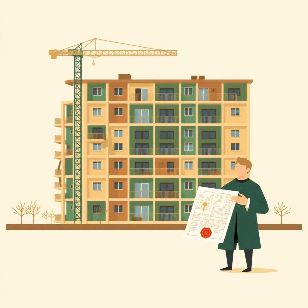 Illustrazione editoriale di un edificio condominiale in costruzione diviso in porzioni colorate con notaio stilizzato che tiene un documento sigillato — palette beige e verde GoMutuo