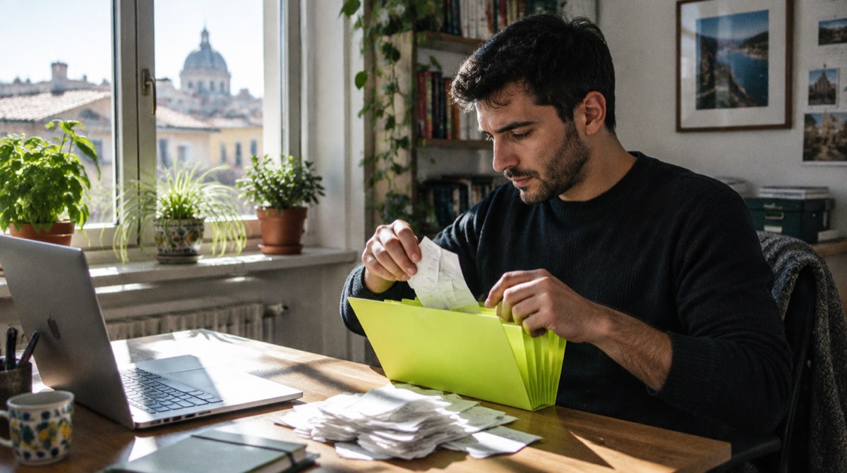 Scrivania di studio notarile italiano con atto di mutuo, timbro notarile, calcolatrice che mostra la percentuale dell'imposta sostitutiva, banconote in euro, penna stilografica e chiavi di casa
