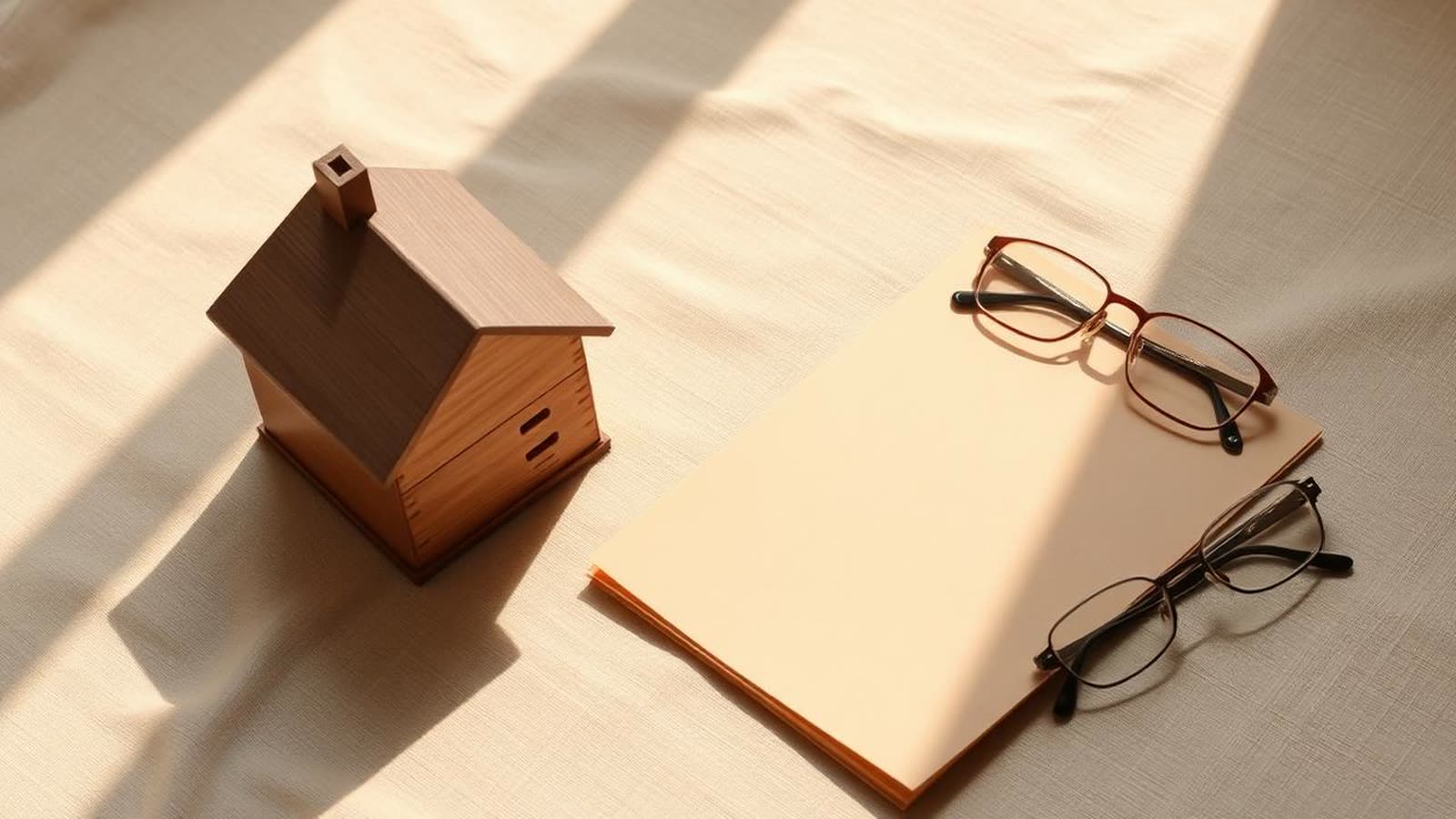 Modellino di casa in legno accanto a un modulo cartaceo e a un paio di occhiali su tessuto beige