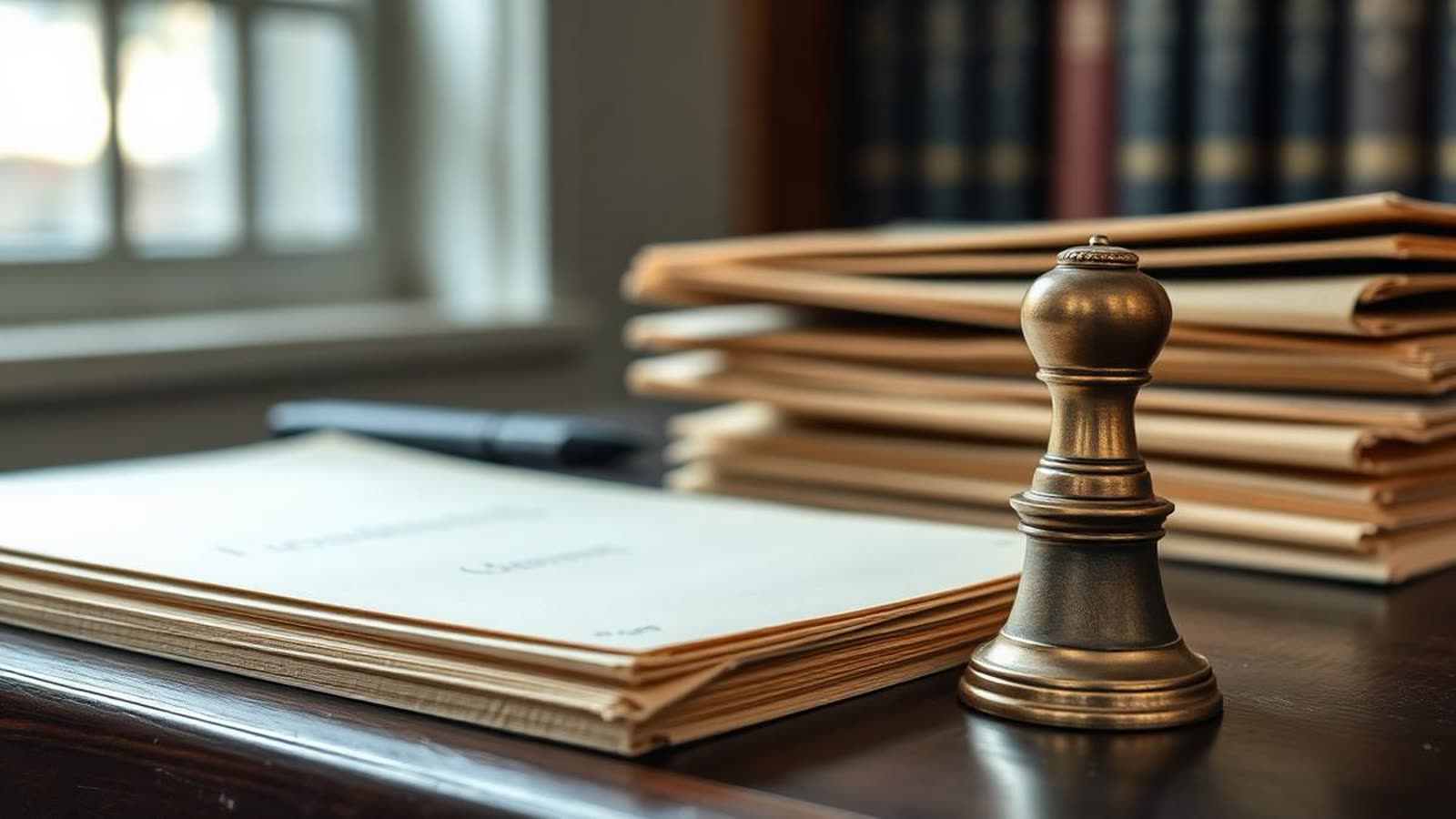 Fascicoli d'archivio impilati e timbro in ottone sulla scrivania di una conservatoria dei registri immobiliari