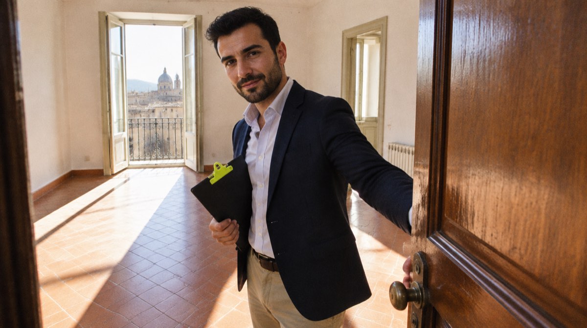 Cartellina in legno con foglio bianco e penna su superficie beige chiara