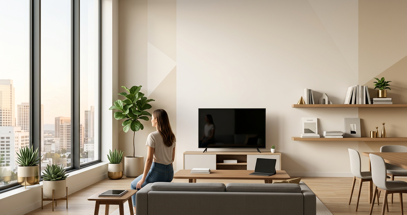 Interno di una casa moderna con documenti contrattuali e chiavi — illustrazione editoriale leasing immobiliare abitativo 2026