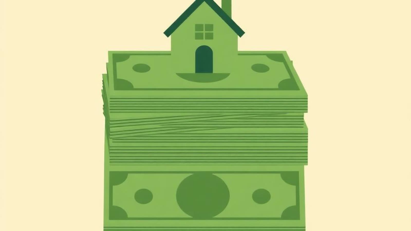 Illustrazione minimalista di pila di banconote con casa in cima — limite contanti acquisto casa 2026 e pagamenti tracciati
