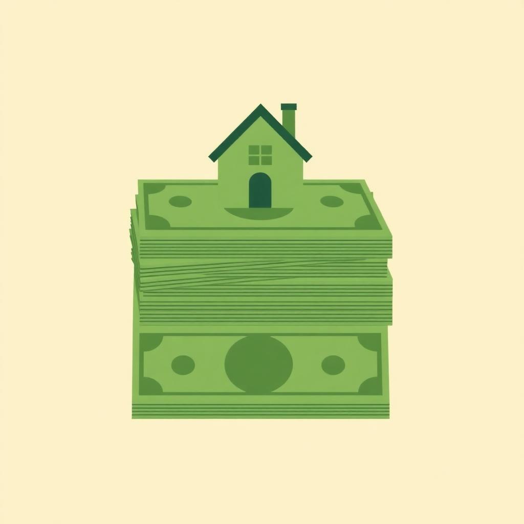 Illustrazione minimalista di pila di banconote con casa in cima — limite contanti acquisto casa 2026 e pagamenti tracciati