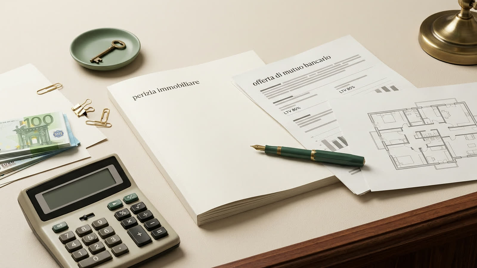 Scrivania italiana con documento di perizia immobiliare, offerta di mutuo bancario con LTV 80%, planimetria, calcolatrice, banconote in euro e penna stilografica