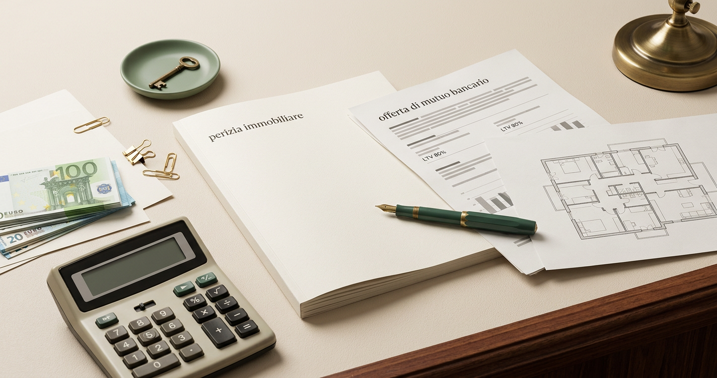 Scrivania italiana con documento di perizia immobiliare, offerta di mutuo bancario con LTV 80%, planimetria, calcolatrice, banconote in euro e penna stilografica
