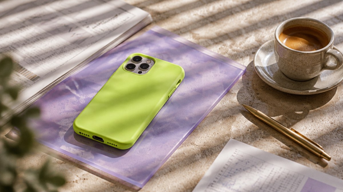Composizione editoriale astratta con carte sovrapposte, foglie e clip in ottone, stile beige e verde
