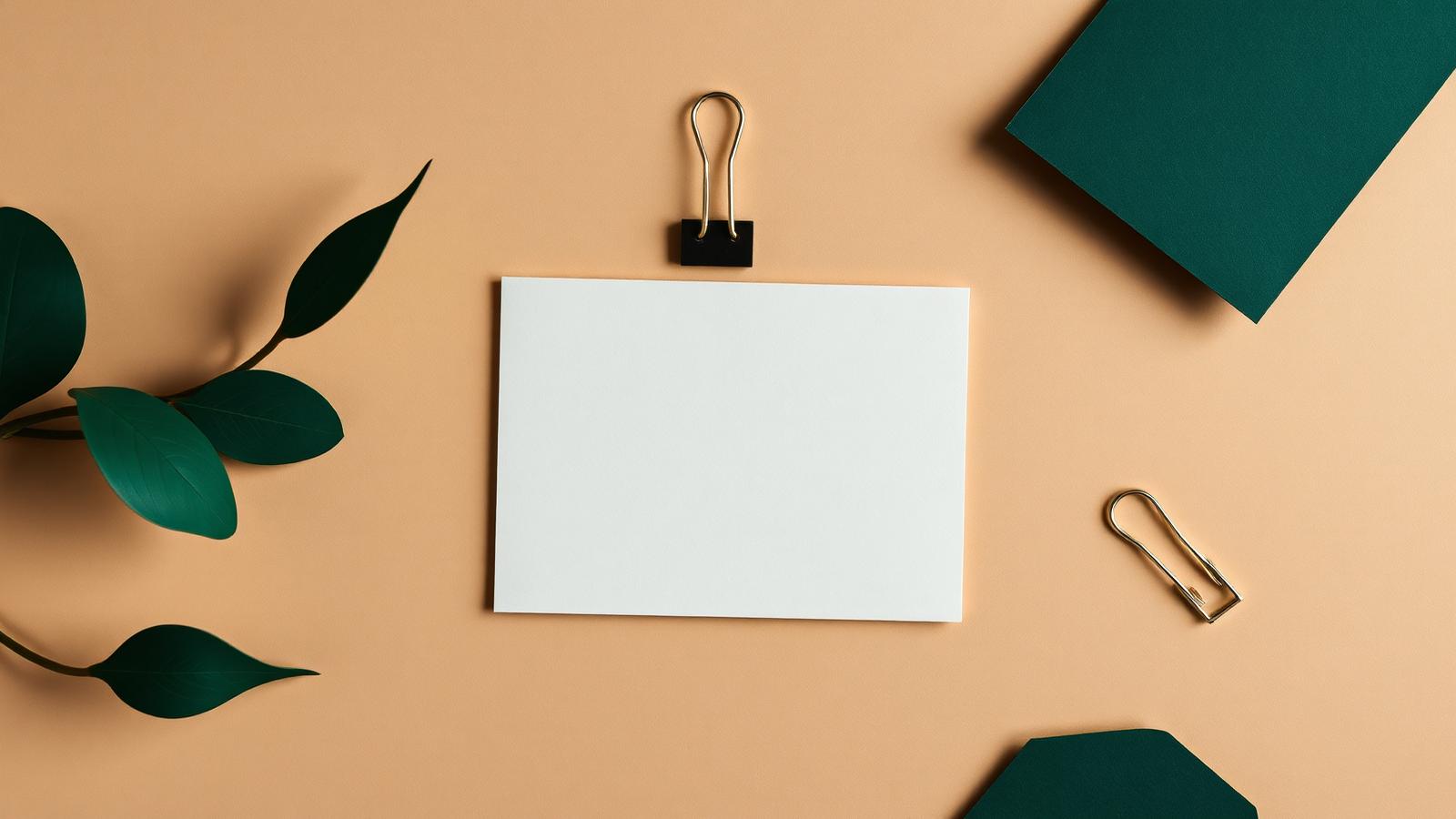 Composizione editoriale astratta con carte sovrapposte, foglie e clip in ottone, stile beige e verde
