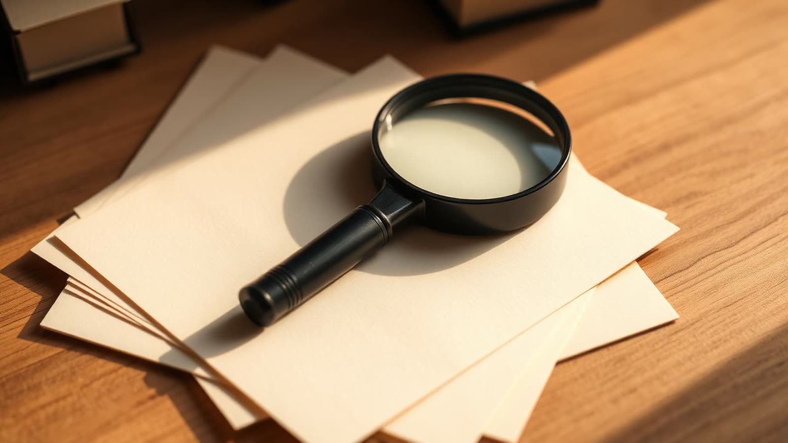 Lente di ingrandimento appoggiata su fogli di carta chiari su una scrivania di legno